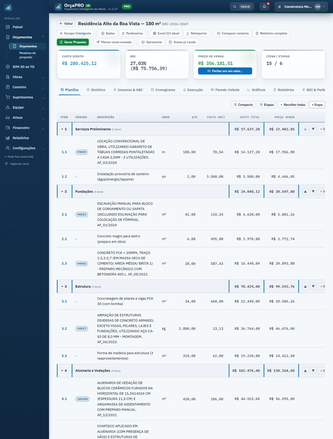 OrçaPRO no notebook: planilha orçamentária SINAPI